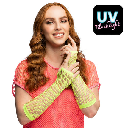Boland Lange neongroene mesh handschoenen dames (elleboog)