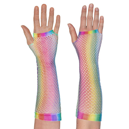 Boland Lange regenboog mesh handschoenen dames (elleboog)