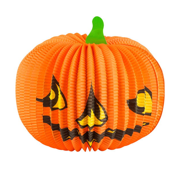 Papieren lampion Pompoen in oranje met zwart-geel grijnzend gezicht en groene steel, Halloween versiering