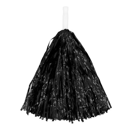 Pompom zwart van 34 cm met glanzende zwarte slierten en witte handgreep