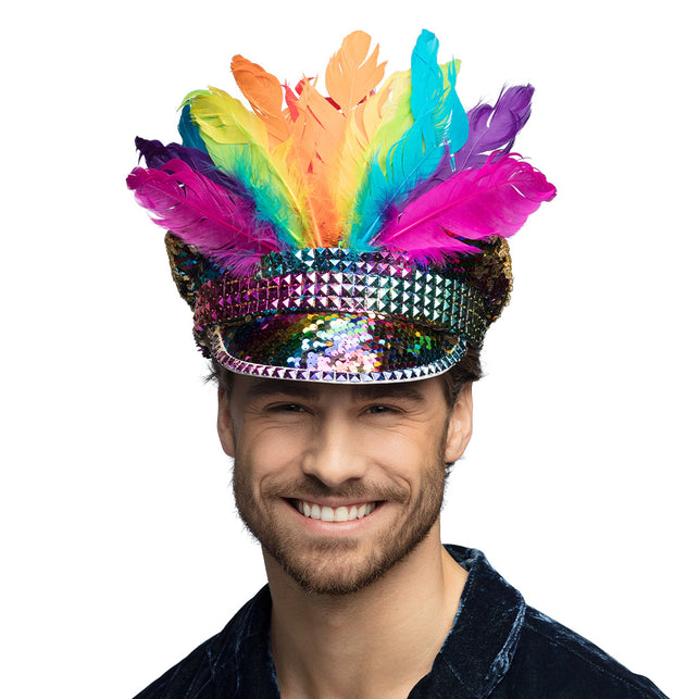 Boland Regenboog glitter pet met veren