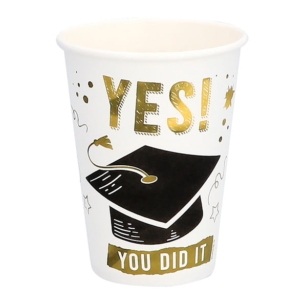 Papieren bekertje 'Yes you did it' wit met gouden YES en zwarte afstudeerhoed met kwastje