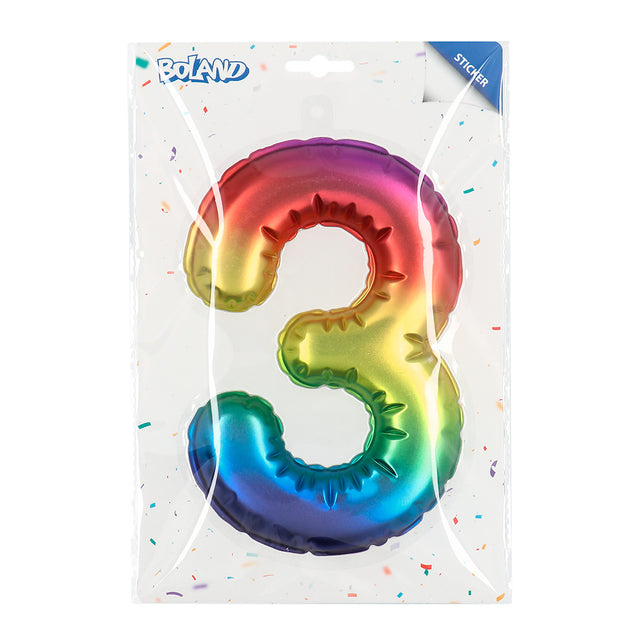 Boland Sticker Folieballon '3' regenboog