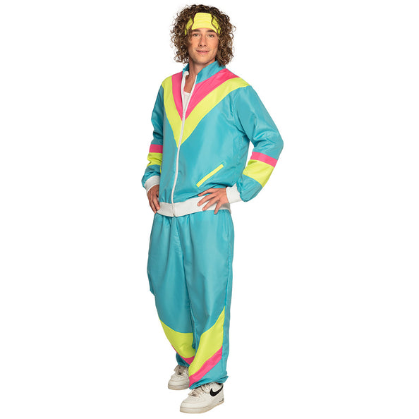 Trainingspak Retro dude in turquoise met gele en roze banen, met gele hoofdband, voor heren
