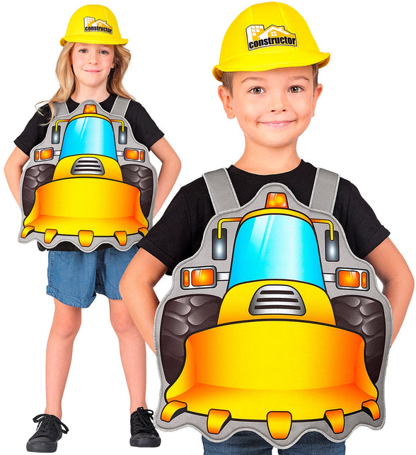 Bouwer Bob pak kind met grijze bulldozer-tabard en gele bouwhelm, gedragen door meisje en jongen