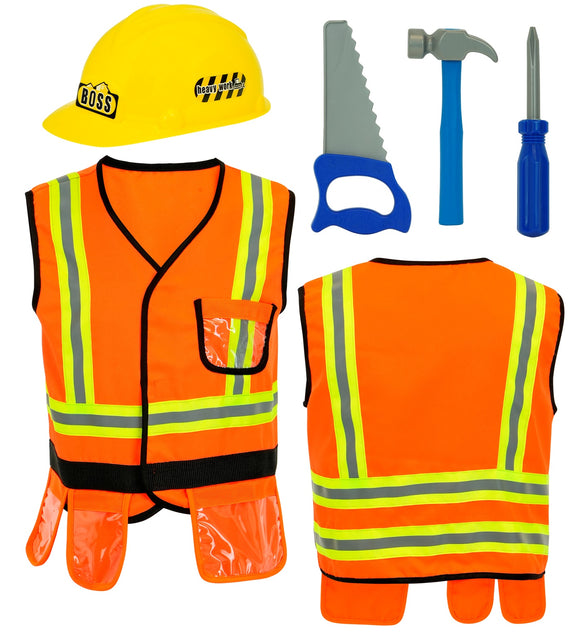 Bouwvakker kostuum kind: oranje vest met reflectiestrepen, gele helm, zaag, hamer en schroevendraaier