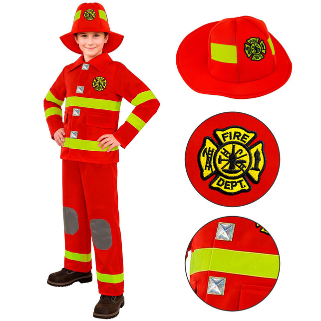 Brandweer jas voor jongens met detail van hoed, geel Fire Dept-embleem en zilveren sluitingen
