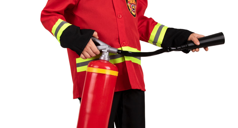Brandweer jongen kostuum met rood jasje, zwarte broek en pet, voor een themafeest