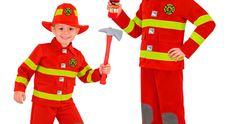 Brandweer kostuum jongens rood met geelgroene banden, jas, broek en hoed voor verkleedfeest