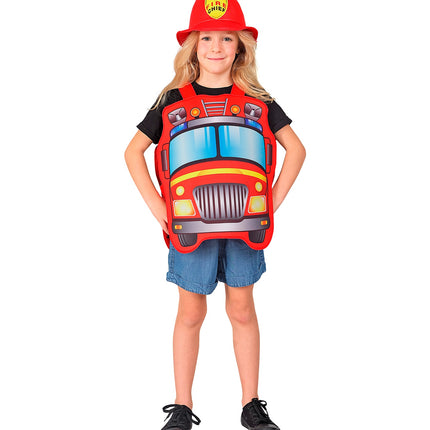 Brandweer pak kind op meisje, rode tabard over zwart shirt met rode brandweerhelm