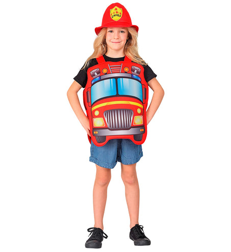 Brandweer pak kind op meisje, rode tabard over zwart shirt met rode brandweerhelm