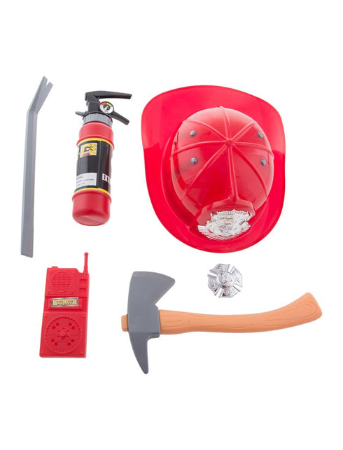 Brandweer set Puck 6-delig met rode helm, brandblusser, bijl, koevoet, walkietalkie en zilverkleurige badge