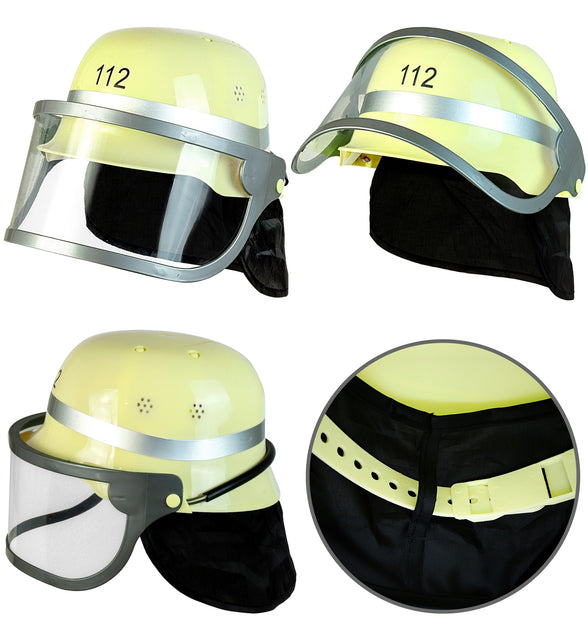 Brandweerhelm kind duits van vier kanten, met detail van het verstelbare kinbandje en zwarte nekflap