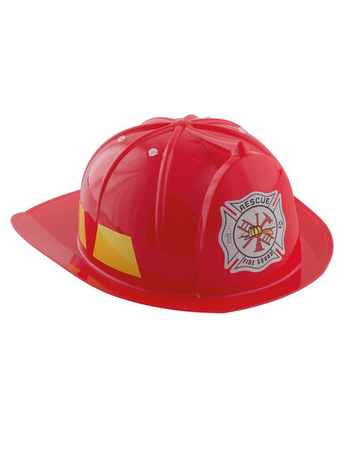 Brandweerhelm kind pvc budget in rood met gele vlakken en zilvergrijs Rescue Fire Squad-embleem