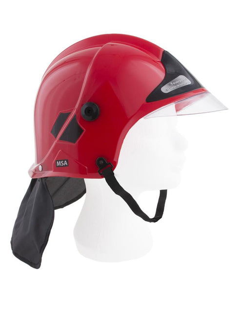 Brandweerhelm rood van pvc met transparant vizier, zwarte nekflap en kinband, verstelbaar in maat