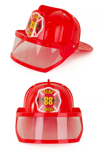 Brandweerhelm rood met vizier, zij- en vooraanzicht van de rode plastic helm met Fire Chief-embleem