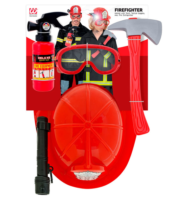 Brandweerhelm met wit embleem, rode bijl en speelgoedbrandblusser uit de brandweer set Patrick