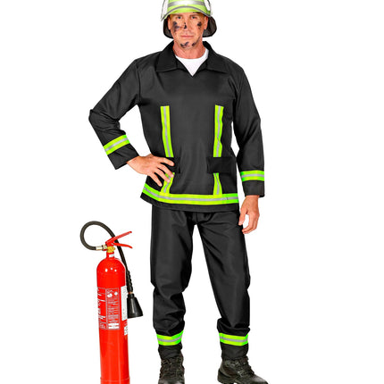 Brandweerman voor heren vooraanzicht met klepzakken, V-hals en gestreepte manchetten voor carnaval