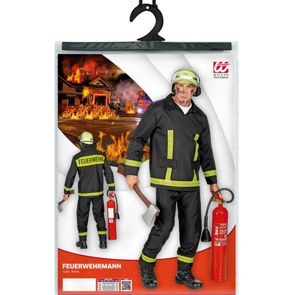 Brandweerman voor heren in Widmann-verpakking met jas en broek in zwart en geel