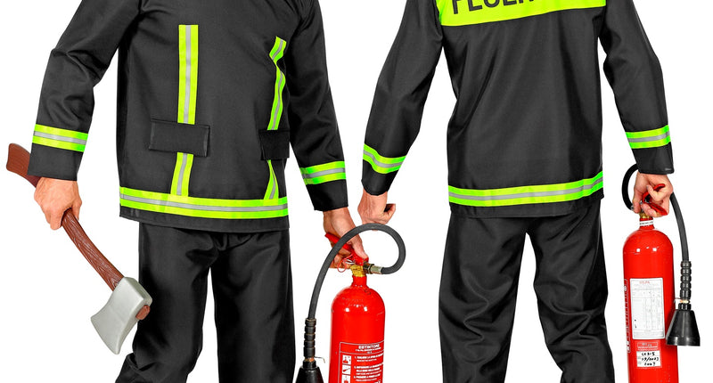 Brandweerman voor heren, zwarte jas en broek met neongele strepen, voor- en achterkant met FEUERWEHR-opdruk
