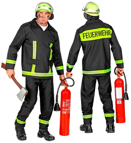 Brandweerman voor heren, zwarte jas en broek met neongele strepen, voor- en achterkant met FEUERWEHR-opdruk