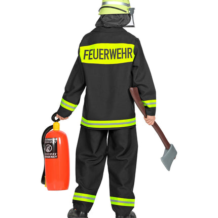 Brandweerman voor jongens achterkant met neongeel rugvlak en de letters FEUERWEHR
