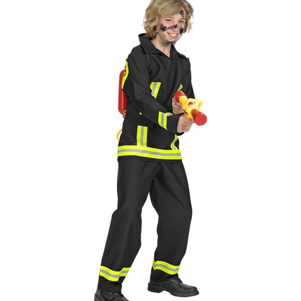 Brandweerman voor jongens van opzij, zwarte broek met neongele strepen onderaan de pijpen