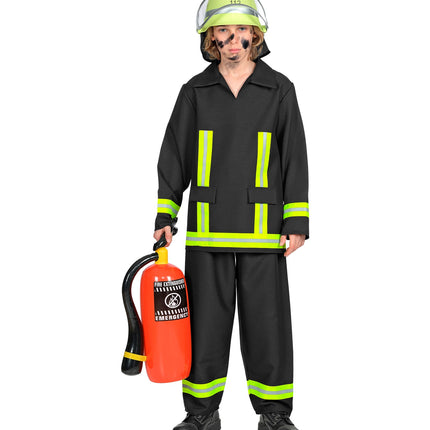 Brandweerman voor jongens vooraanzicht, zwarte jas met V-hals, borstklepjes en neongele strepen voor carnaval