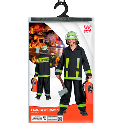 Brandweerman voor jongens in Widmann-verpakking met maattabel van 104 tot 140 cm