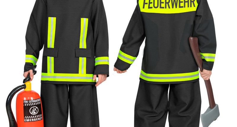 Brandweerman voor jongens, zwarte jas en broek met neongele strepen, voor- en achterkant met FEUERWEHR-opdruk