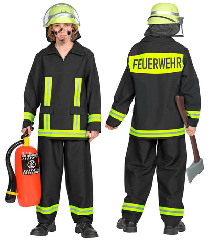 Brandweerman voor jongens, zwarte jas en broek met neongele strepen, voor- en achterkant met FEUERWEHR-opdruk