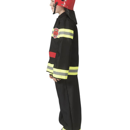Brandweerman pak Fred kinderen van de zijkant, zwarte jas en broek met gele strepen op mouw en been