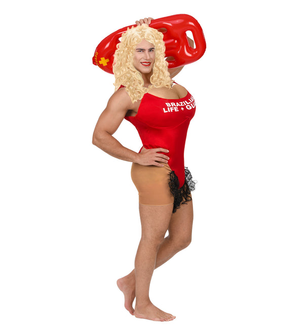 Braziliaanse lifeguard pak in rood met witte opdruk en huidkleurig broekdeel, voor heren