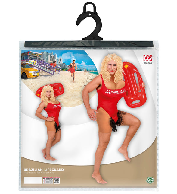 Braziliaanse lifeguard pak in verpakking met maattabel voor maat M-L en XL