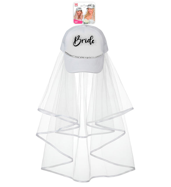 Bride pet met sluier in verpakking, witte trucker pet met zilveren strass en tweelaagse tule