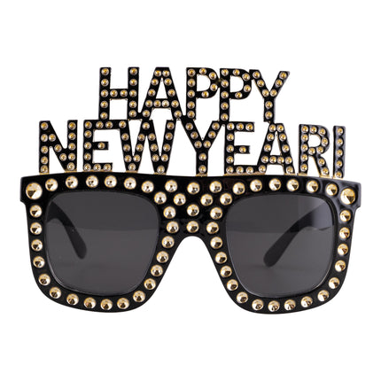 Bril happy new year zwart met gouden studs en donkere glazen, letters boven het montuur