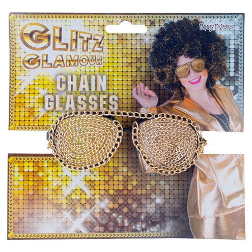Bril met ketting goud van Funny Fashion op verkoopkaart met gouden schakelglazen