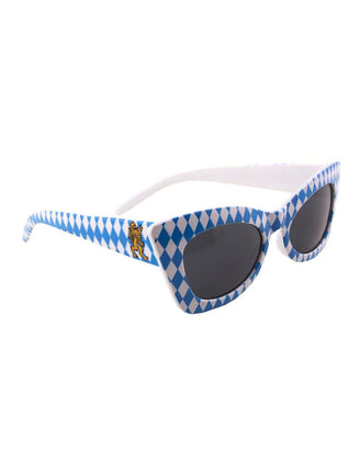 Bril oktoberfest met blauw-wit ruitpatroon, donkere glazen en goudkleurig leeuwtje op de poot