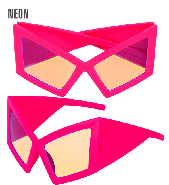 Bril oversized neon roze met hoekig montuur en oranjegele spiegelglazen, voor- en zijaanzicht