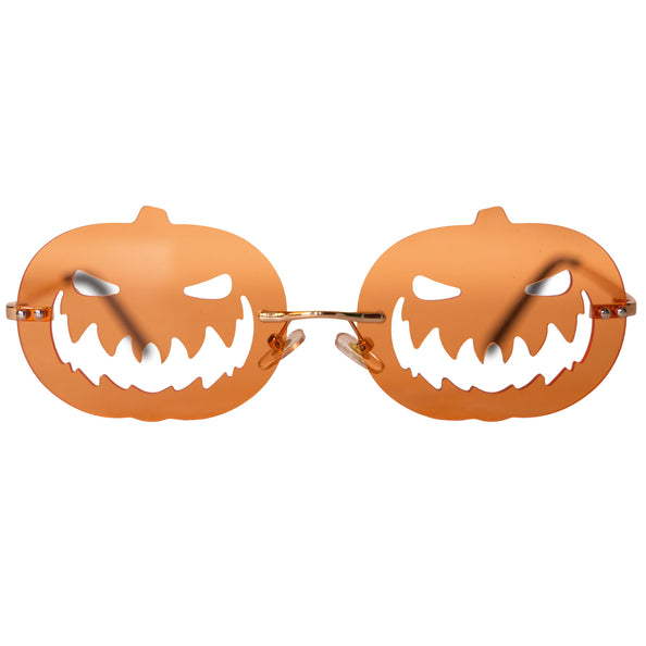 Bril pompoen met oranje glazen in pompoenvorm, uitgesneden grijns en goudkleurig montuur voor Halloween