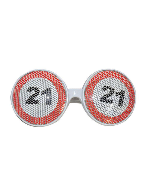 Bril traffic 21 jaar met ronde verkeersbordglazen in rood wit en zwarte 21, voor een verjaardagsfeest