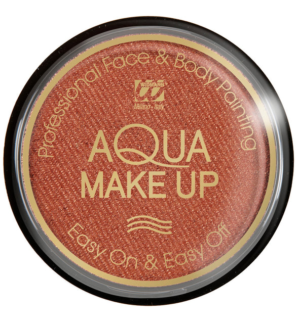Bronze schmink aqua metallic in rond doosje met doorzichtig deksel en gouden opdruk, voor carnaval