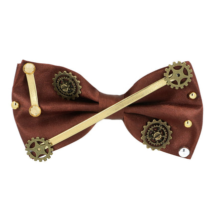 Bruine strik uit de accessoireset Steampunk 4-delig met tandwielen, goudkleurige strips en metaalkleurige knopjes