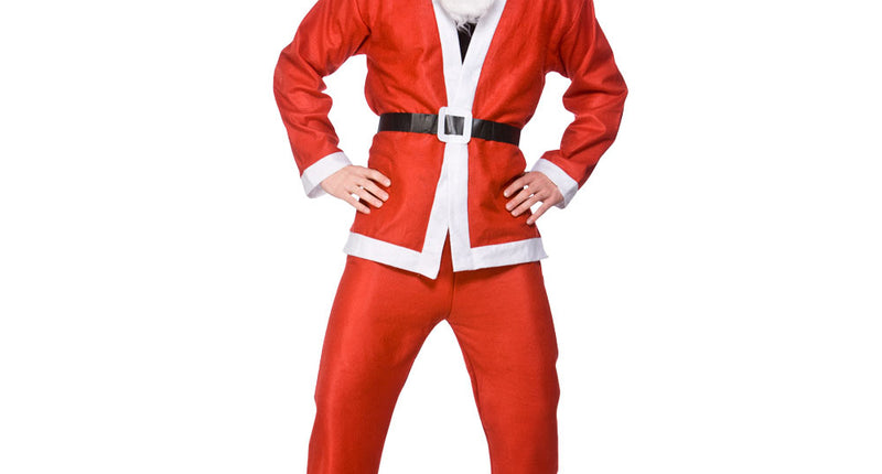 Budget kerstman 5delig in rood met witte biezen, zwarte riem, witte baard en muts voor heren