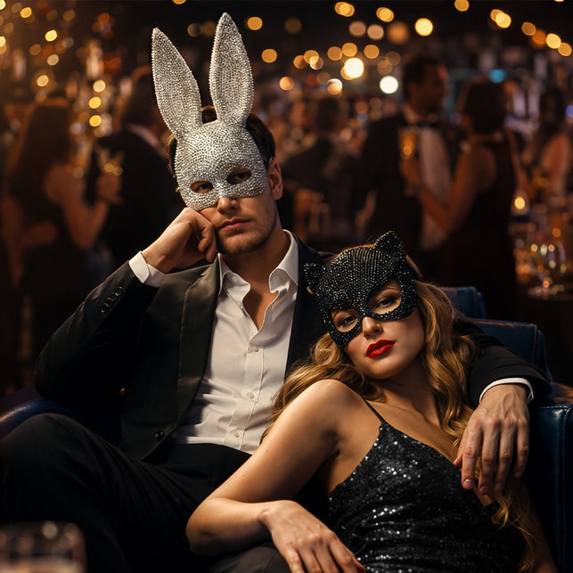 Bunny halfmasker met strass op een gemaskerd feest, lange oren die oplichten in het feestlicht