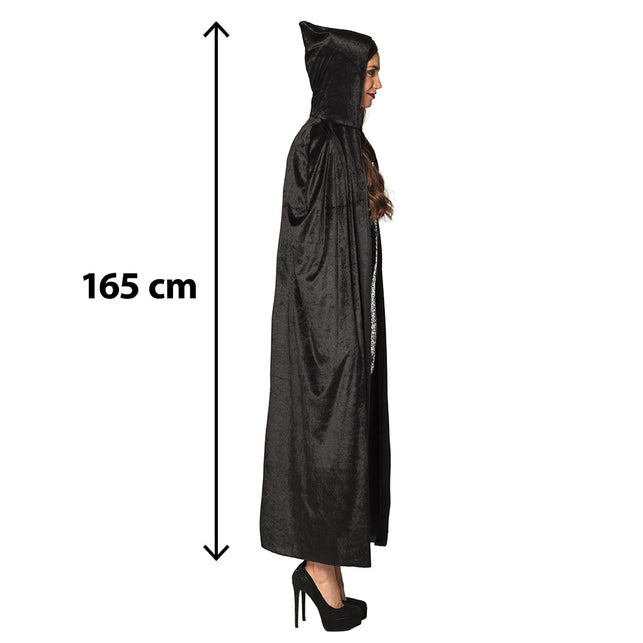 Cape Darkness van 165 cm inclusief kap, zijaanzicht van de zwarte fluweelachtige stof
