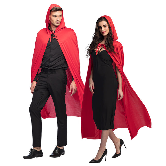 Cape Dusk rood, lange rode kapmantel met capuchon, gedragen door man en vrouw voor Halloween