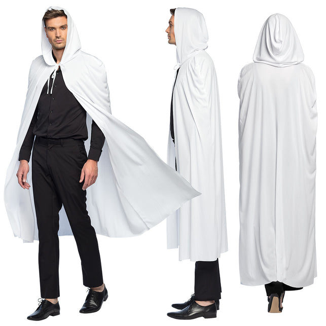 Cape Dusk wit van voor, zij en achter, met kap en gladde polyester stof