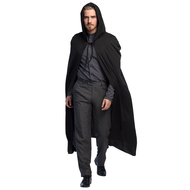 Cape Dusk zwart voor heren, 180 cm lange cape met opgezette kap over hemd en broek