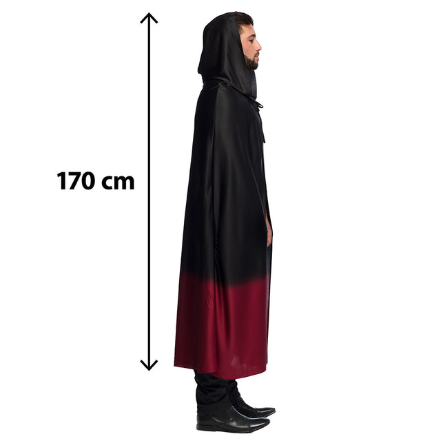 Cape Fade zwart/rood van zijkant met maatindicatie 170 cm inclusief kap
